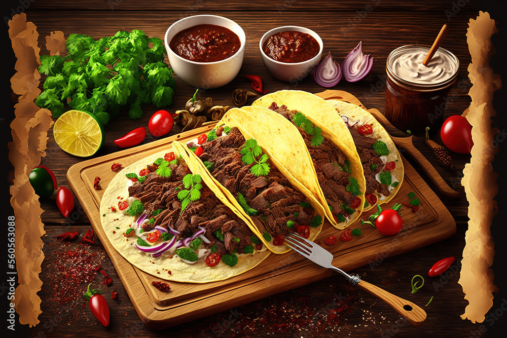 Wall mural tacos with slow cooked meat barbacoa. authentic mexican cuisine. generative ai