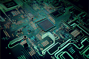 Electronic circuit with different components ideal for technology backgrounds, generative AI