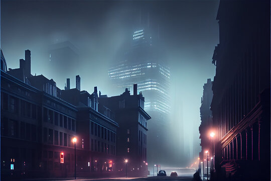 Big city at night with a lot of fog, generative ia
