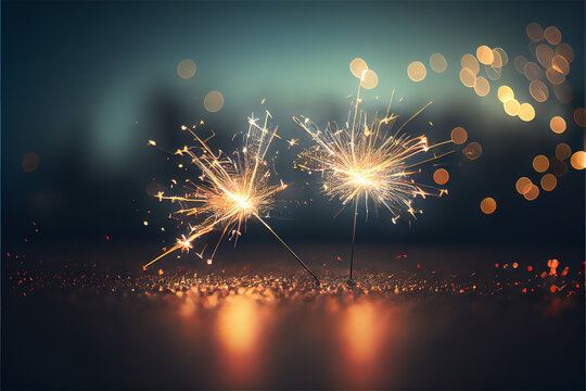 Two sparklers in an obscure background with lots of copy space, perfect for backgrounds, generative AI