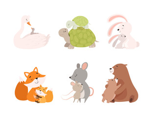 Loving mom animals hugging cubs set. Cute parent and baby animal. Families of goose, turtle, rabbit, fox, mouse, bear cartoon vector illustration