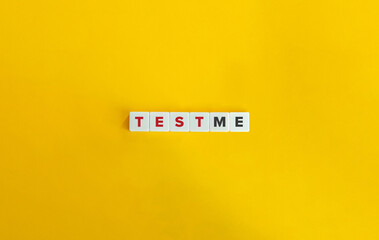 Test Me Banner. Letter Tiles on Yellow Background. Minimal Aesthetics.