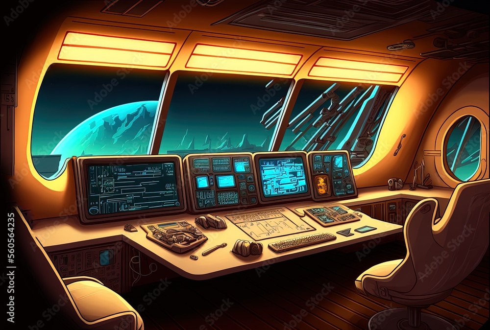 Poster inside the bridge and command center of the spaceships of the future. generative ai