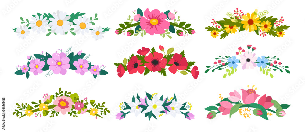 Sticker Flower wreaths flat icons set. Arrangement of leaves, grasses, wildflowers or branches circular shape