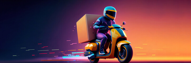 delivery motorbike or scooter driver with courier box on back, wide frame with copyspace area