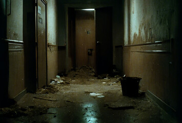 a dirty hallway of an old house, fallen wallpaper and debris in the hallway. Generative AI