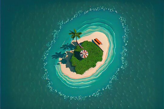 View From Above Man Sunbathing On Tiny Island 