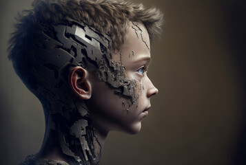 a child boy half-robot or a humanoid android with artificial intelligence parts or a technological upgrade as human evolution, mechanical body parts. Generative AI - obrazy, fototapety, plakaty