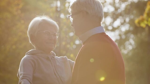 Smiling healthy old couple dancing in the park on a sunny day. High quality photo