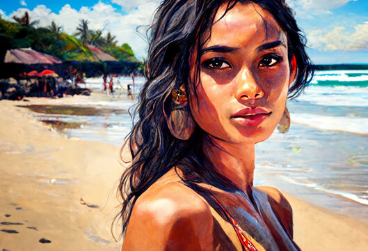 an Asian or Indonesian young woman on the beach in a bikini, soft drawing or painting in close-up with blurred image areas. Generative AI