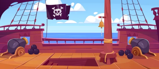 Poster Side view of a wooden ship deck with a skull on a black flag, canons, ropes, sails and a mast. On an old battleship in the sea or ocean. Pirate game background. Cartoon style vector illustration.