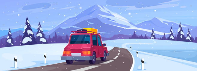 Landscape view of a car on a road trip in winter. Family travel to the mountains for a vacation on holidays. Journey on a ski and snowboarding season. Cartoon style vector illustration.