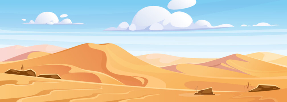 Landscape view of a desert with sandy dunes in cartoon style. Beautiful panorama of natural wilderness in Africa. Mountains and hills of sand in Sahara. Vector background for game design.