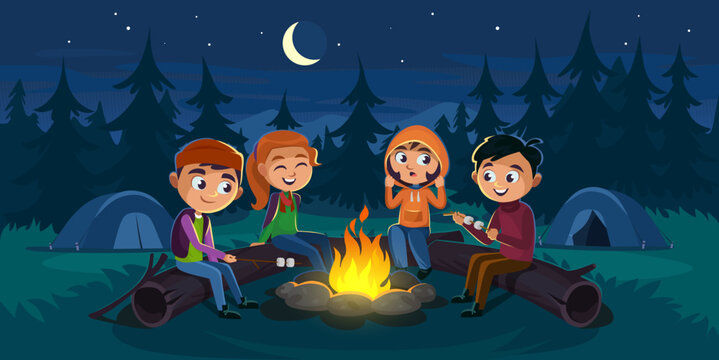 Kids sit around a campfire in the wood at night with marshmallows and tell scary stories. Children sit on logs at a campsite around a fire. Moon and stars in the sky. Cartoon style vector illustration