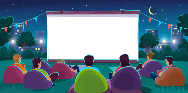 Open air cinema with people sitting on a lawn watching a movie on a big white projector screen. Friends on a movie night with popcorn in a park outside a city. Cartoon style vector illustration.
