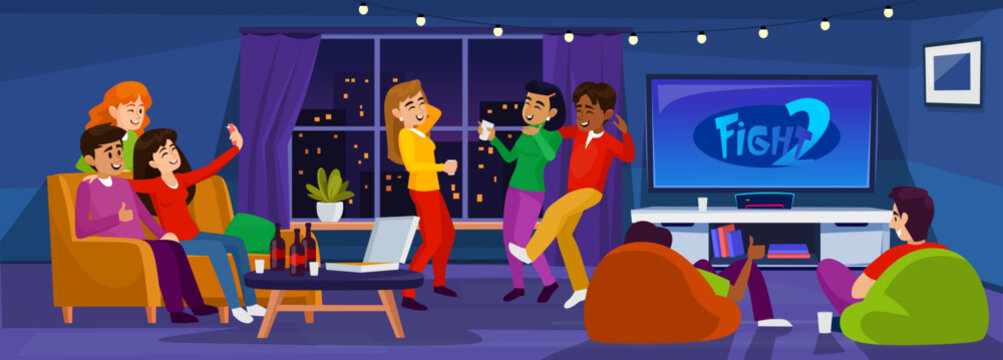 Friends celebrating the holiday at home. A group of young people party in an apartment. Men and women watching tv, eating pizza and enjoying wine and beer in a room. Cartoon style vector illustration.
