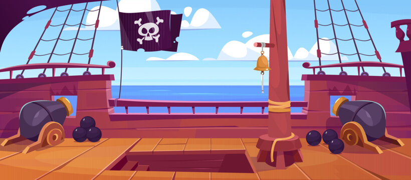 Side view of a wooden ship deck with a skull on a black flag, canons, ropes, sails and a mast. On an old battleship in the sea or ocean. Pirate game background. Cartoon style vector illustration.
