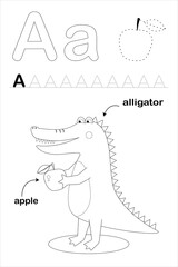 Coloring alphabet for kids. The letter A. Alligator and apple.