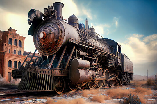 Old locomotive in the wild west. AI generated image