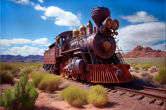 Old locomotive in the wild west. AI generated image
