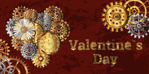 Background with heart in the style of steampunk. Valentine's day concept, postcard, banner. Vector illustration.