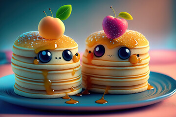 Cute image of the pancake characters full of love and happiness. Abstract picture of romantic dinner. Food Character concept Generative AI. - obrazy, fototapety, plakaty