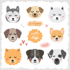 A Set Of Cute Dogs. Cute Simple Animal Portraits. A Large Set Of Simple Vector Colorful Cartoon Characters. 