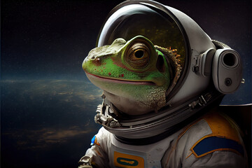 green gecko in space and in space suit, reptile astronaut,generative ai - obrazy, fototapety, plakaty