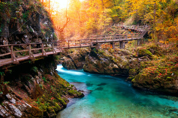 Famous and liked Vintgar gorge near Lake Bled in autumn colors at sunset, Julian Alps, Triglav National Park