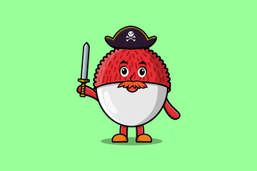 Cute cartoon mascot character Lychee pirate with hat in modern design