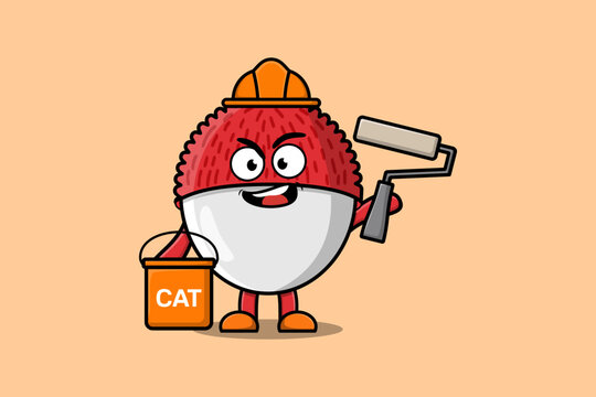 Cute cartoon Lychee as a builder character painting in flat modern style design illustration