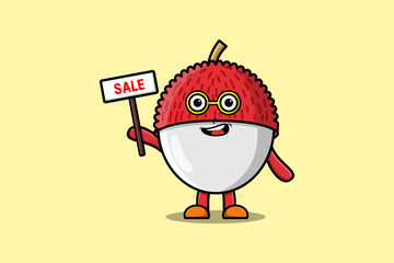 Cute cartoon illustration Lychee with sign board in flat modern style design