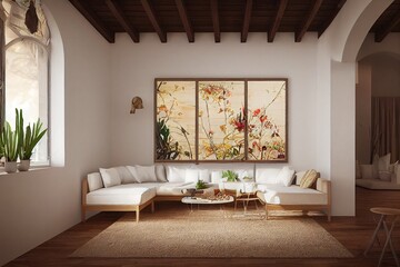 Spanish Style Modern Interior with Wood Beams Made with Generative AI