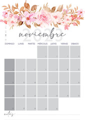 Calendario Planificador en Español A4 - 2023. Mes de Noviembre