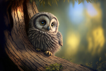 Cute baby owl in a tree  Generative AI