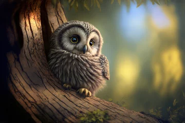 Foto op Plexiglas Uiltjes Cute baby owl in a tree  Generative AI