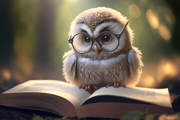 Cute baby owl with glasses reading a book  Generative AI