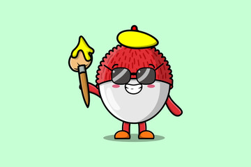Cute cartoon character Lychee painter portraitist with hat and a brush to draw in cute design style 