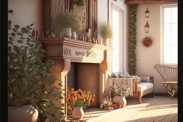 Family Room Wood Mantle in Spring with Plants Made with Generative AI