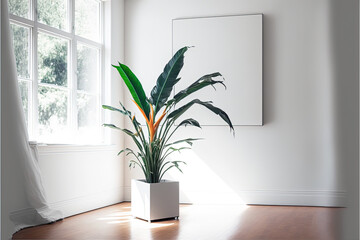 bird of paradise plant in a minimalist white room illustration made with Generative AI