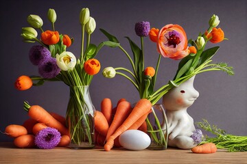 Carrot Flowers and Tulips in a Vase, Easter holiday bouquet