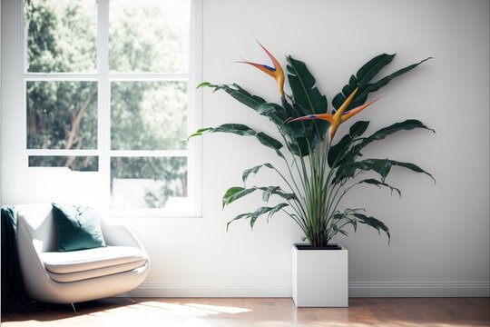 bird of paradise plant in a minimalist white room illustration made with Generative AI