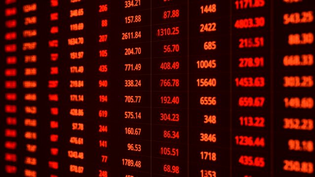 Red spreadsheet with numbers. Rows and lines with numbers. Analyzing data, market research or investment. Business data, products, financial report  or science statistic. 3D animation