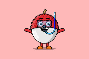 Cute cartoon Lychee diver with swimming glass in flat modern style design