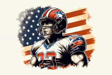 American football player portrait, with an american flag background. Illustration for the Super Bowl. Generative AI.