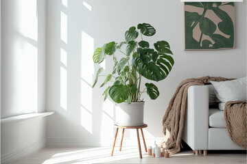 Monstera deliciosa plant in a minimalist white room illustration made with Generative AI - obrazy, fototapety, plakaty