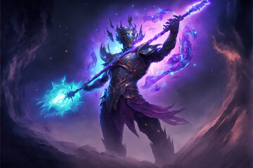 Cosmic being warrior, holding a battle staff. Role-playing game illustration. Generative AI.
