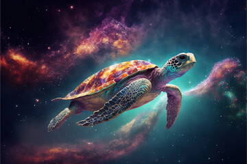 Cosmic turtle swimming in space. Godlike creature, awe inspiring, dreamy digital illustration.	