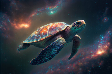 Fototapeta na wymiar Cosmic turtle spirit swimming in space. Godlike creature, awe inspiring, dreamy digital illustration. 