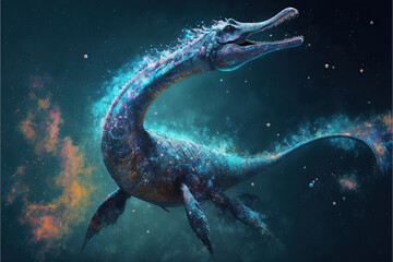 Cosmic plesiosaur swimming in space. Godlike creature, awe inspiring, dreamy digital illustration.	
